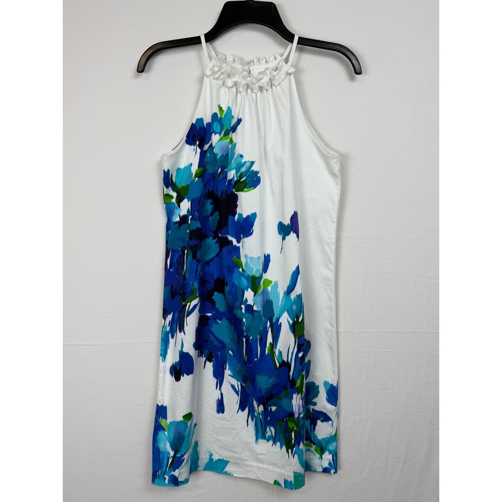 London Times Floral Halter Dress Women 4 White Blue Ruffle Neck Watercolor Shift